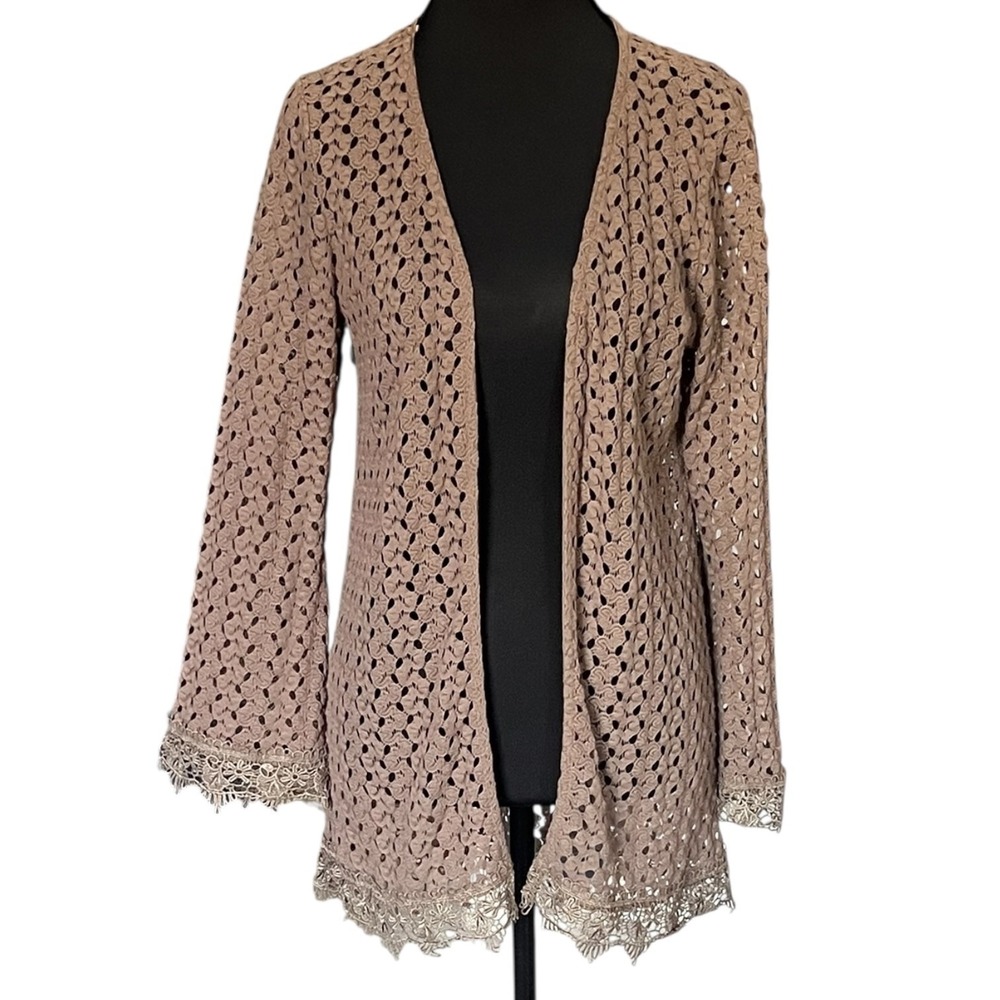 Monteau Boho Crochet Lace Open Cardigan Medium Taupe Longline Beach cover up‎